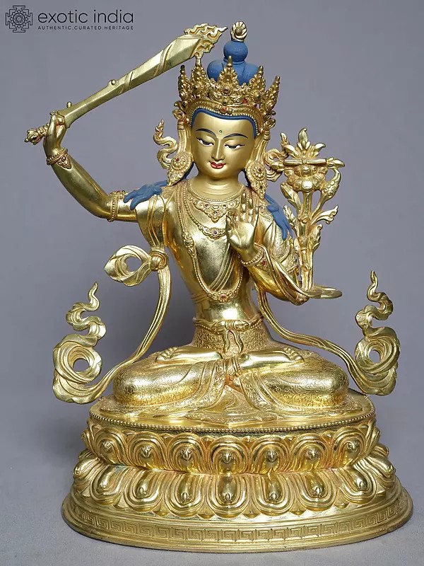 14" Tibetan Buddhist Manjushree Seated On Lotus Pedestal In Copper Gold Plated From Nepal
