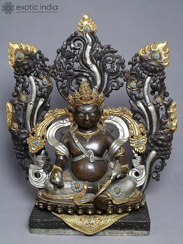 19" Tibetan Buddhist Deity Kubera Statue On Pedestal In Copper Gold Plated From Nepal