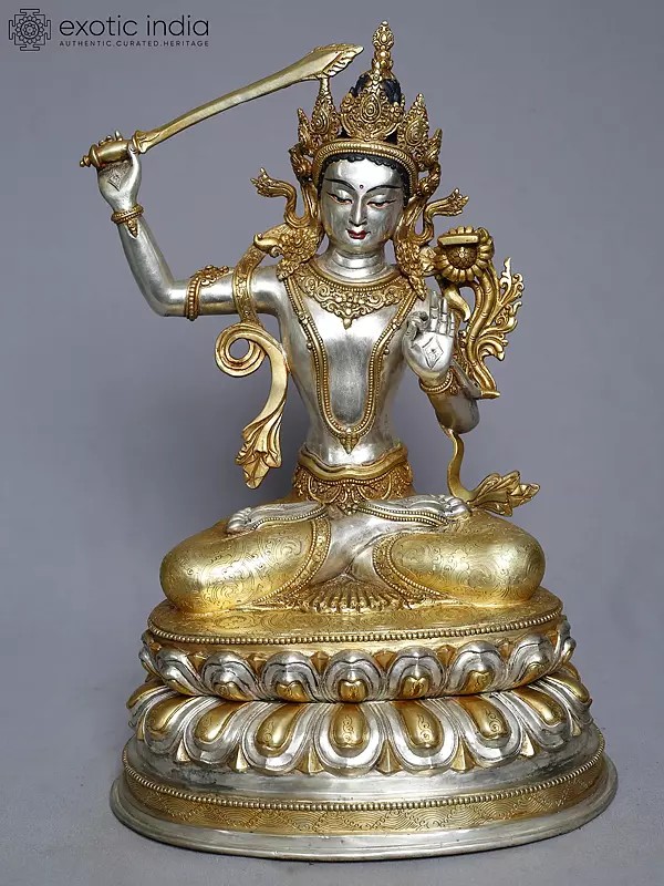 16" Copper Gold Plated Lord Manjushree Seated On Lotus Pedestal From Nepal