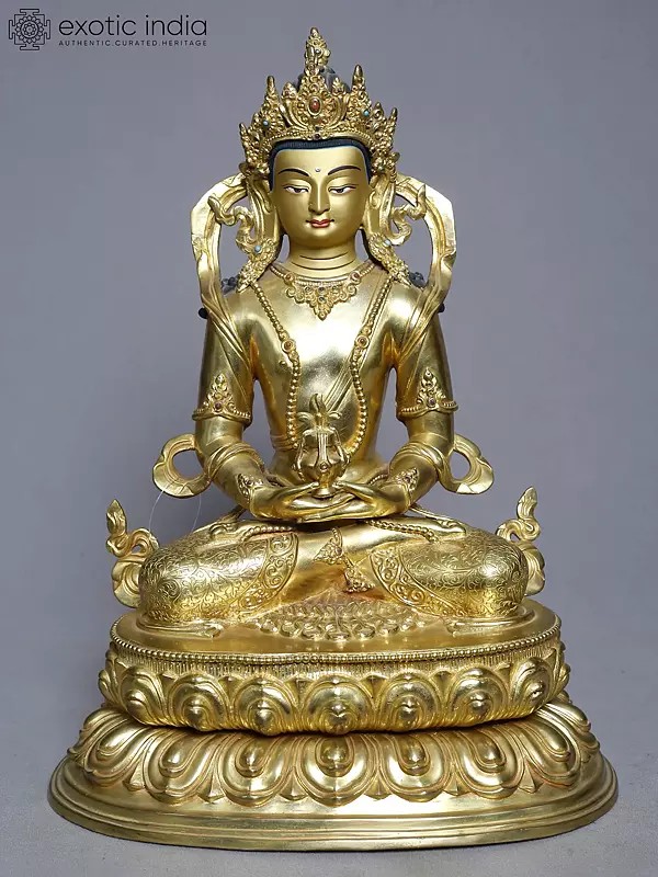 14" Amitabha Buddha Statue On Pedestal In Copper Gold Plated From Nepal