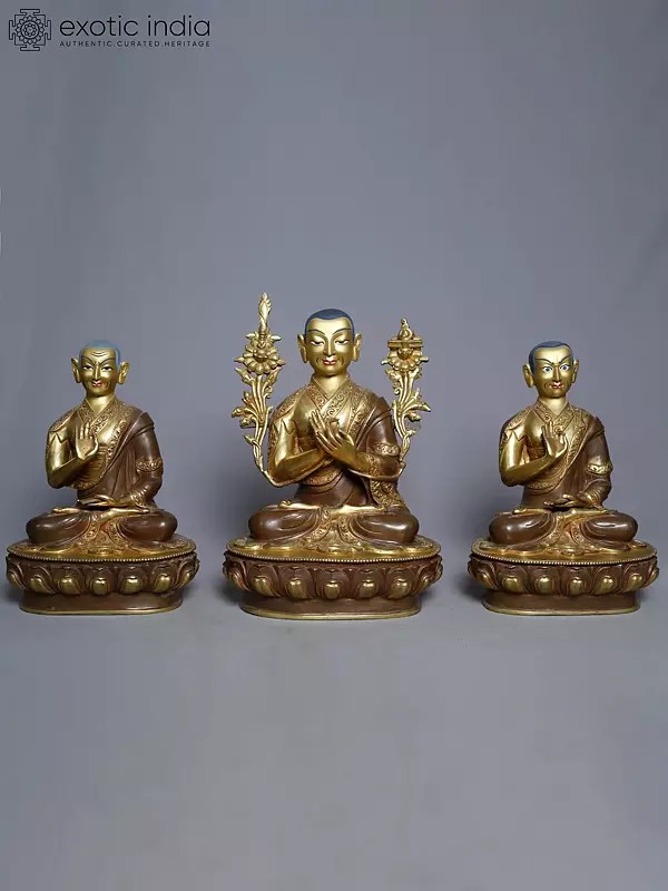 12" Statue Of Copper Gold Plated Tsongkhapa With Two Disciples Statue (Set Of 3) From Nepal