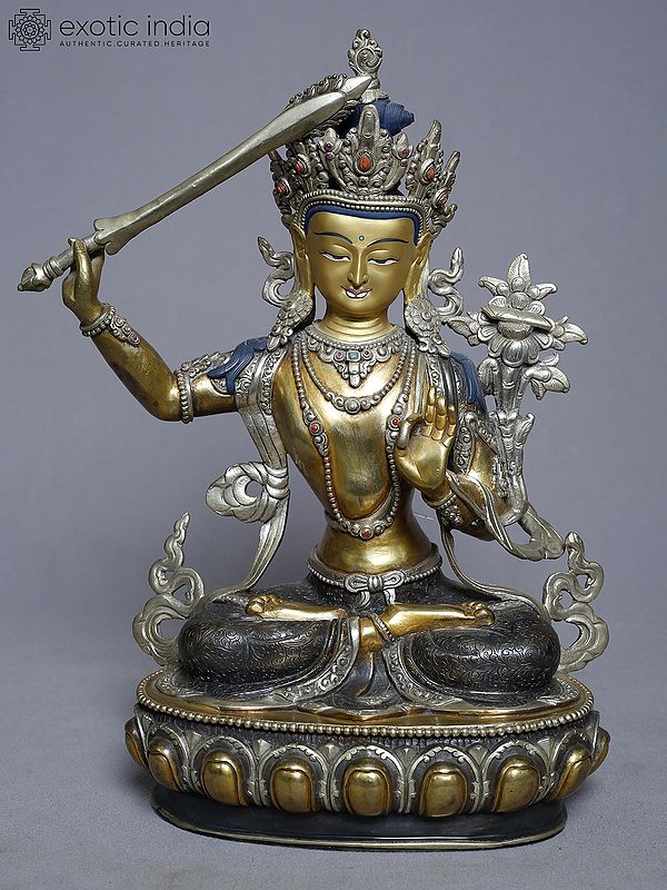 12" Tibetan Buddhist Manjushree Holding Sword In Copper Gold Plated From Nepal