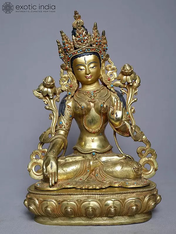 19" Goddess Green Tara In Blessing Gesture | Handmade | Copper Gold Plated Statue