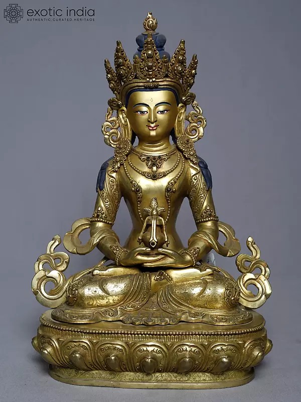 13" Lord Buddha Holding Kalash In Copper Gold Plated From Nepal | Handmade Statue