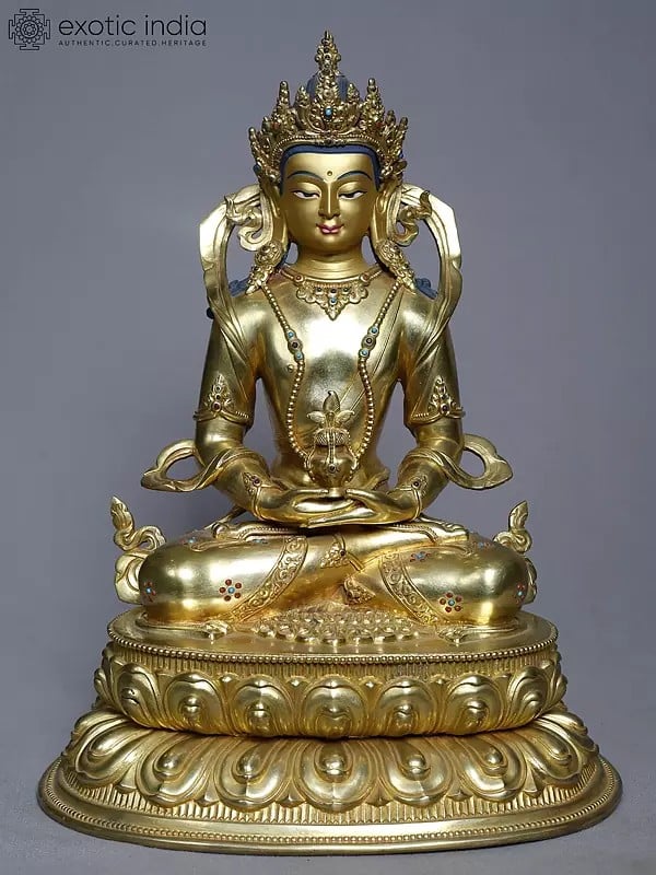 13" Seated Lord Aparmita Buddha With Kalash In Copper Gold Plated From Nepal