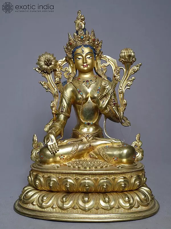 13" Copper Gold Plated White Tara Statue In Blessing Gesture From Nepal | Handmade