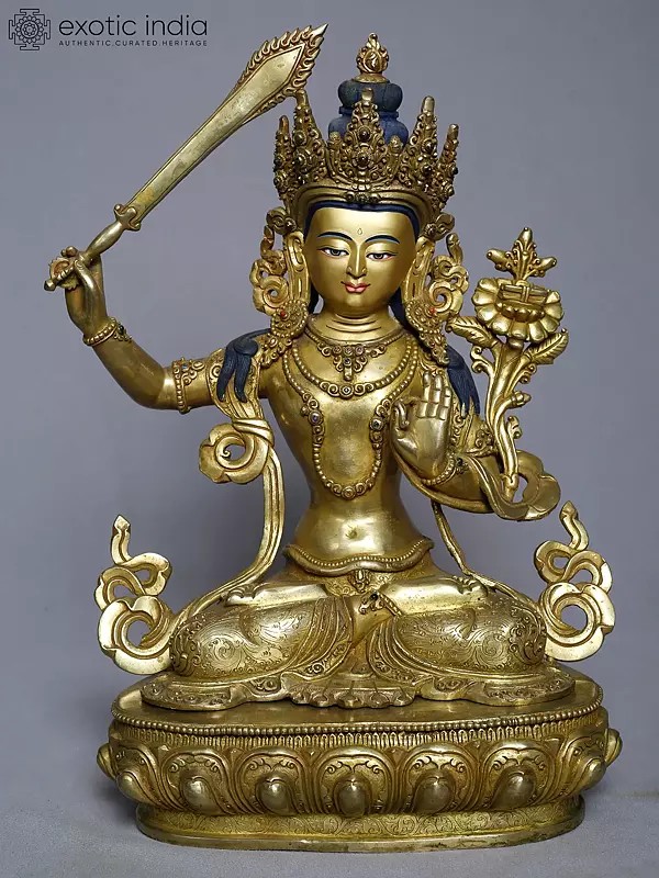 14" Copper Gold Plated Tibetan Buddhist Manjushree From Nepal | Handmade Idol