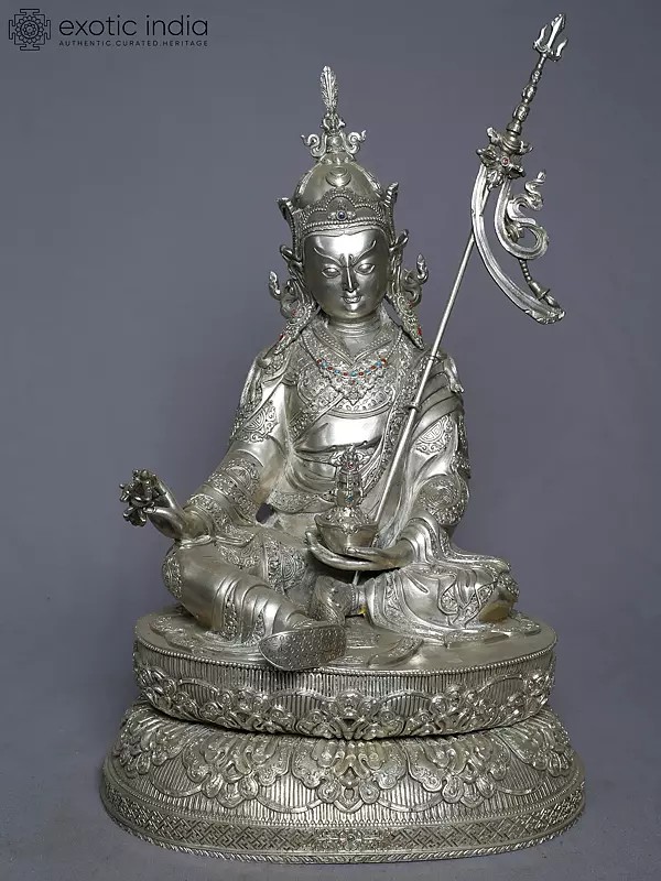 16" Silver Guru Padmasambhava Statue On Pedestal From Nepal