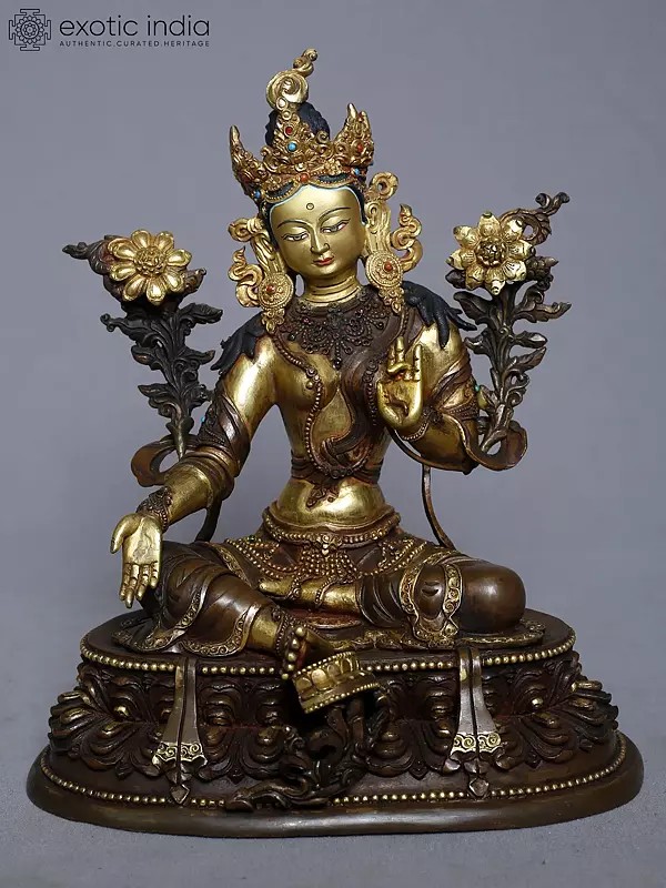 9" Goddess Green Tara Copper Gold Plated Seated Statue On Pedestal From Nepal