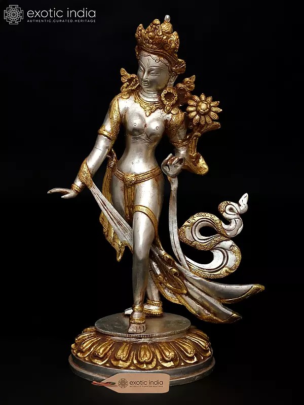 15" Standing Tibetan Buddhist Goddess Tara Statue in Brass