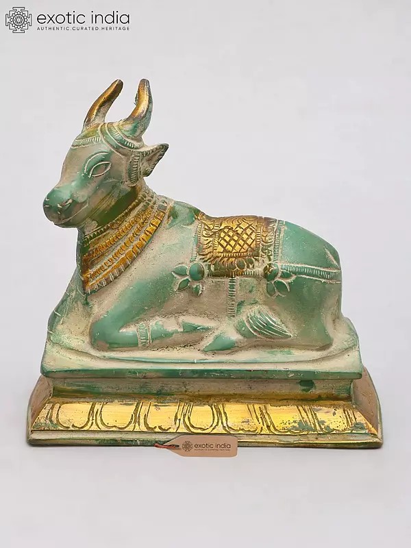5" Small Green and Gold Nandi Statue in Brass