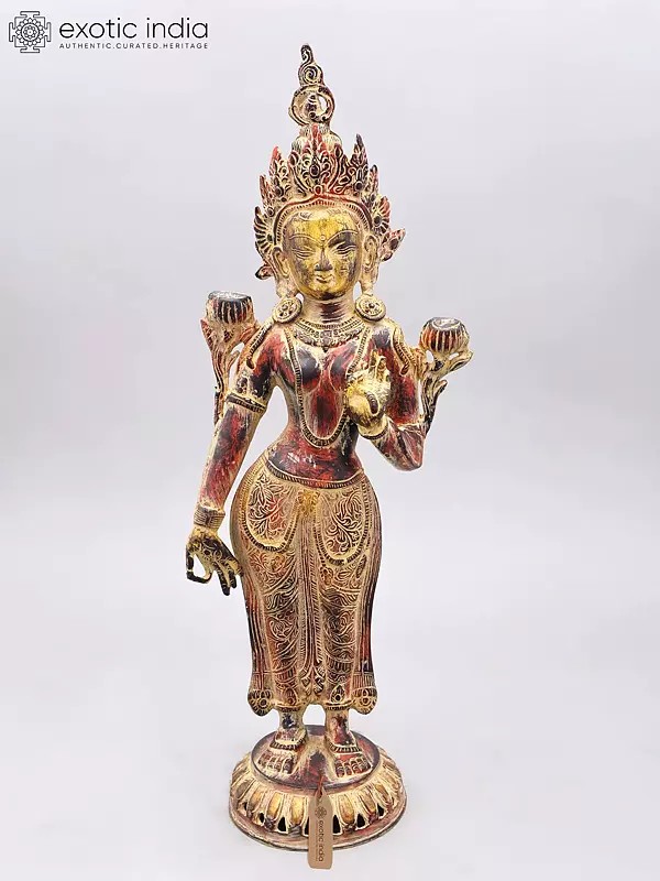 21" Standing Tibetan Buddhist Goddess Tara Brass Statue