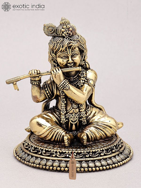Small Brass Statue of Baby Krishna Playing Flute