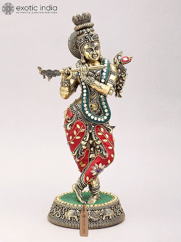 13" Superfine Lord Krishna Playing Flute Brass Statue with Inlay Work