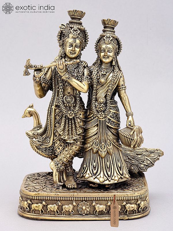 8" Standing Radha Krishna with Peacock Brass Statue