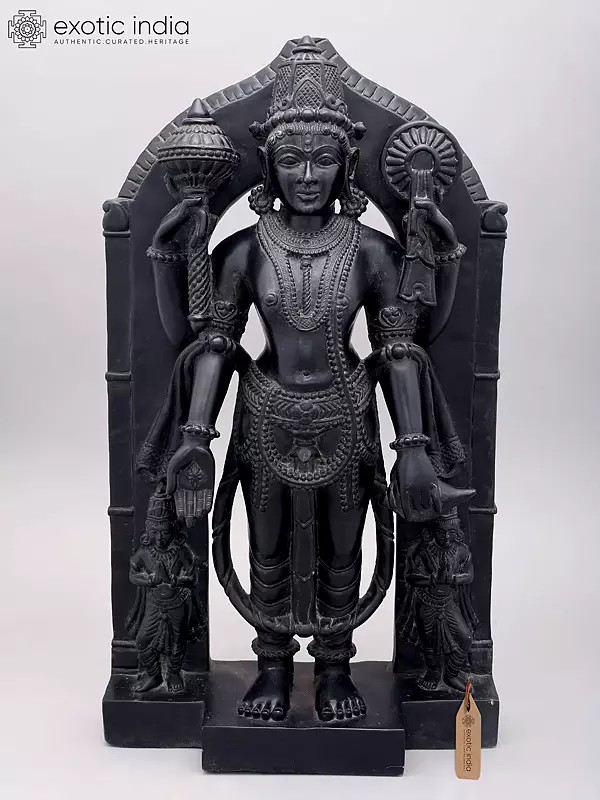24" Four Armed Standing Lord Vishnu Black Marble Statue