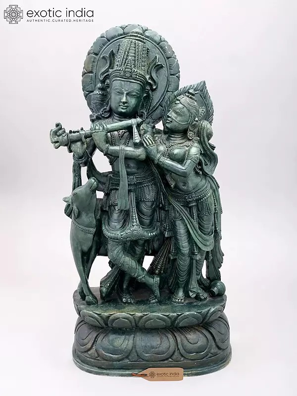 Orissa Green Stone Statue: 22" Radha Krishna with Cow