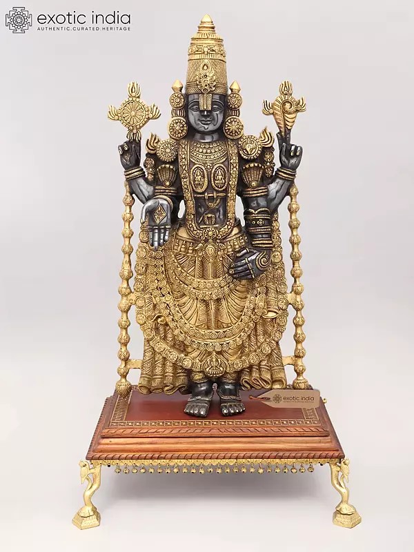 Lord Venkateshvara (Tirupati Balaji) Brass Statue - 34 Inch with Wooden Base