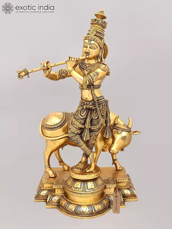 26" Krishna Brass Idol with Cow