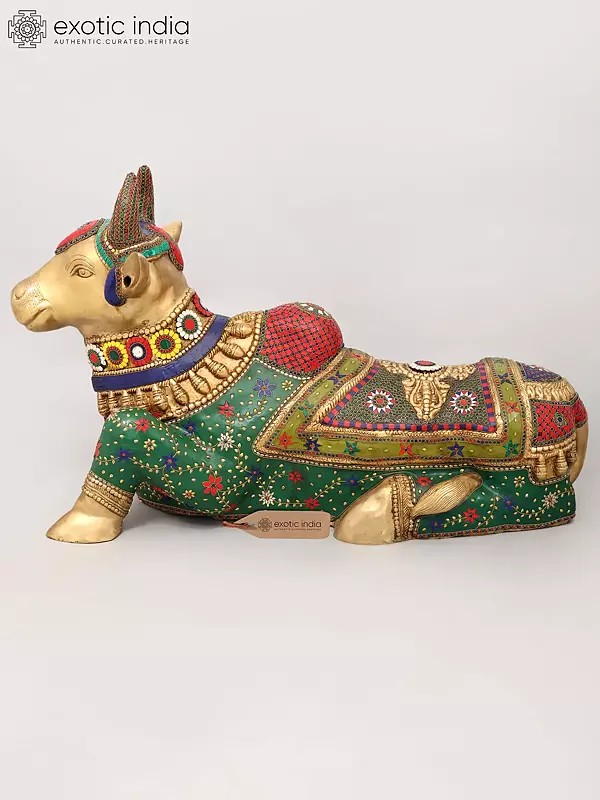 Lord Shiva's Nandi: A 40" Large Brass Statue with Detailed Inlay Craftsmanship