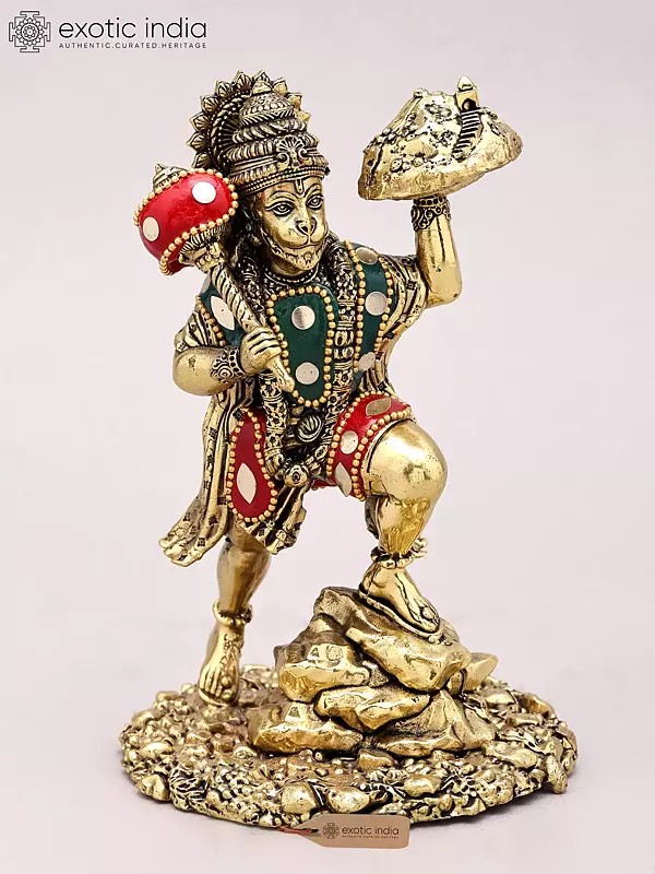 Sanjivani Hanuman Brass Statue with Inlay Work (6" Small)