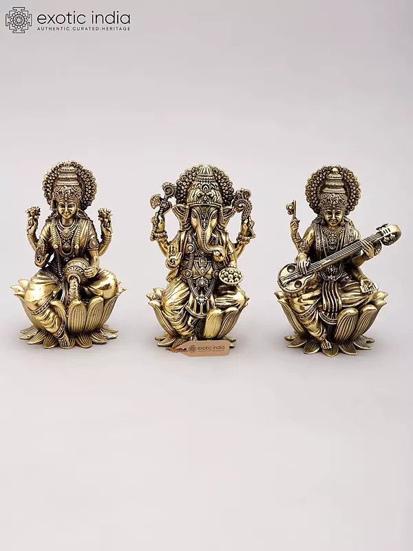 5" Superfine Brass Trio of Ganesha, Lakshmi, and Saraswati Statues