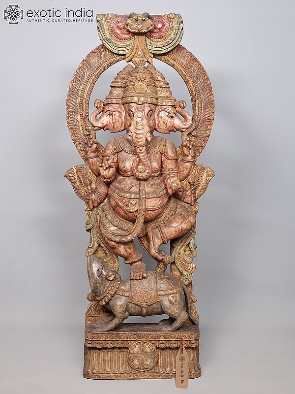 72" Large Three Face Dancing Lord Ganesha on Mushak | Wood Carved Statue