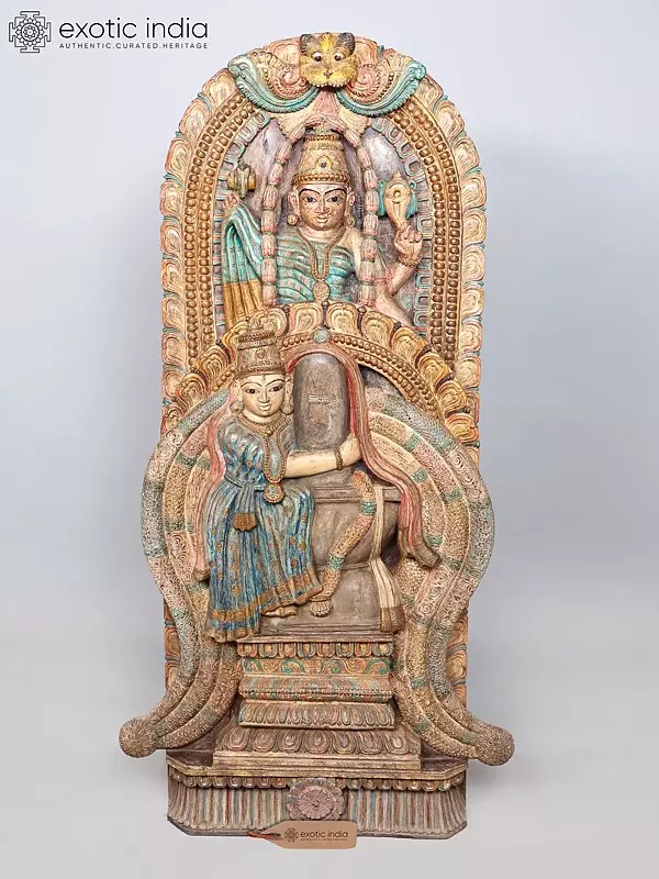 Shiva Bhakta Markandeya Being Blessed by Devi Parvati | Wood Carved Statue