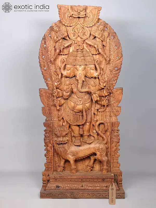 75" Large Three Faces Lord Ganesha Standing on Lion | Wood Carved Statue