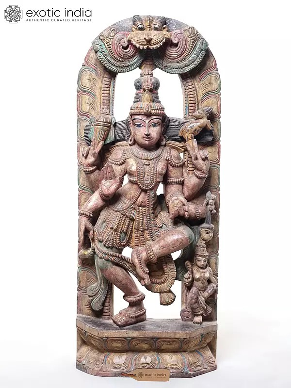36" Large Dancing Lord Shiva with Kirtimukha Arch | Wood Carving
