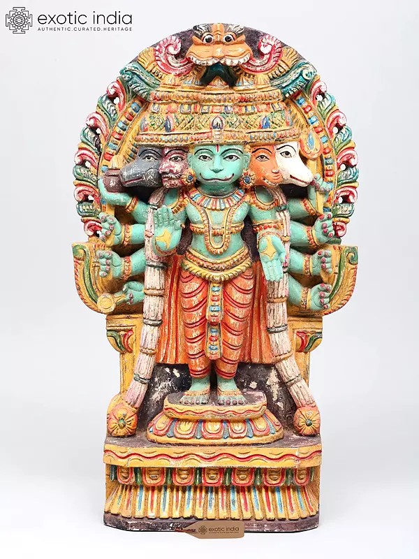 24" Wooden Standing Panchamukhi Lord Hanuman with Kirtimukha Throne