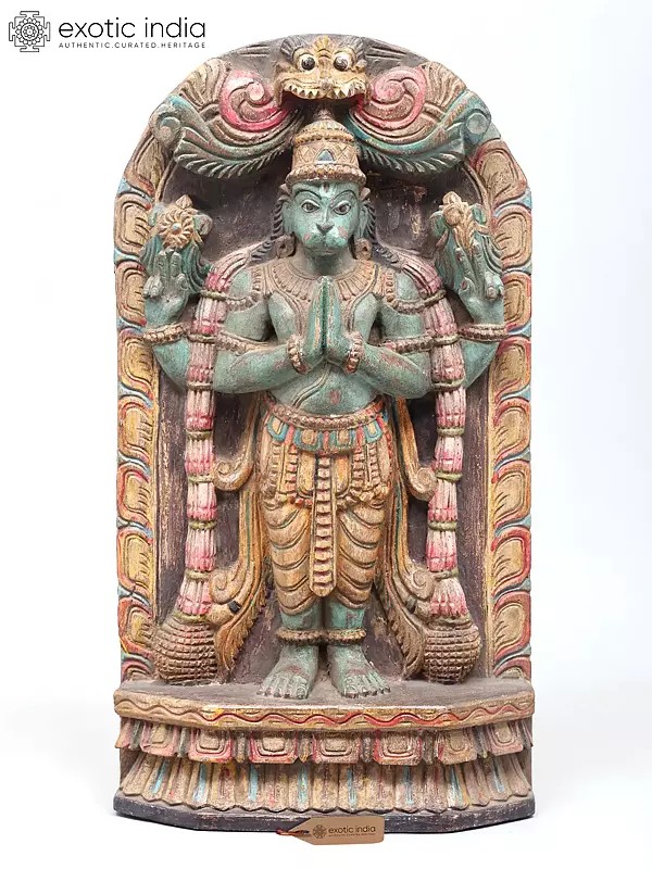 18" Four Armed Lord Hanuman Standing on Kirtimukha Throne | Wood Carved Statue