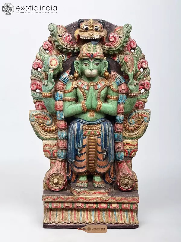 24" Standing Four Armed Lord Hanuman in Namaskar Mudra | Wood Carved Statue