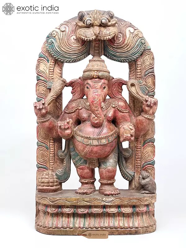 24" Standing Lord Ganesha Idol on Kirtimukha Throne | Wood Carving