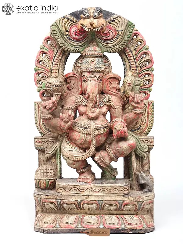 18" Wooden Dancing Chaturbhuja Lord Ganesha Sculpture | Standing and Wall Hanging Both