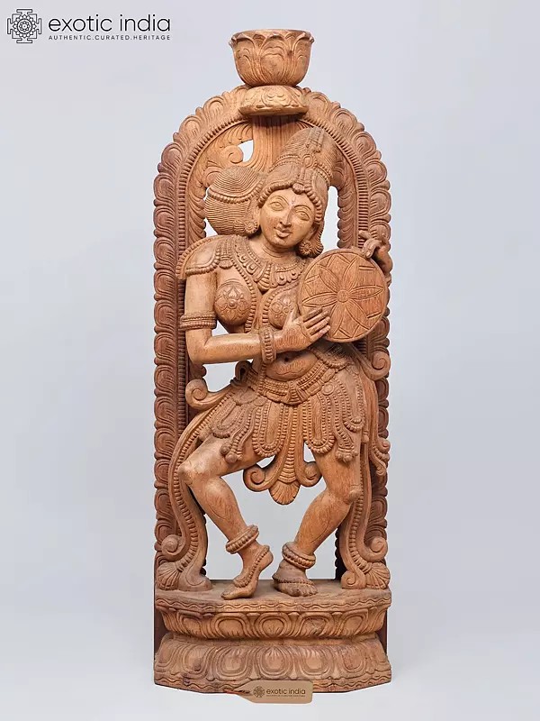 42" Large Apsara Dancing and Playing Dafli | Wood Carved Statue