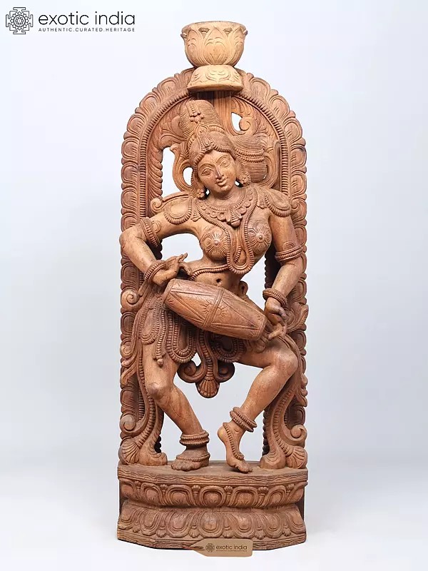 42" Large Musical Lady Playing Dholak | Wood Carved Statue