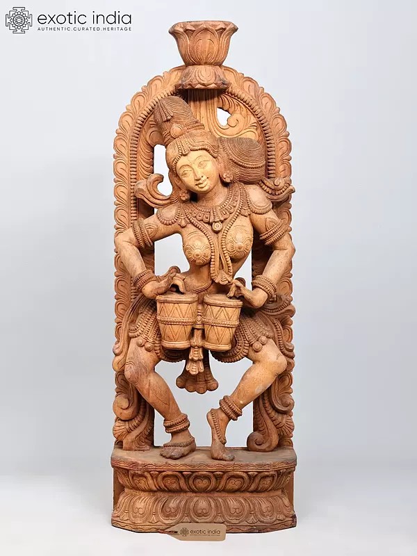 42" Large Apsara Dancing and Playing Drum | Wood Carved Statue