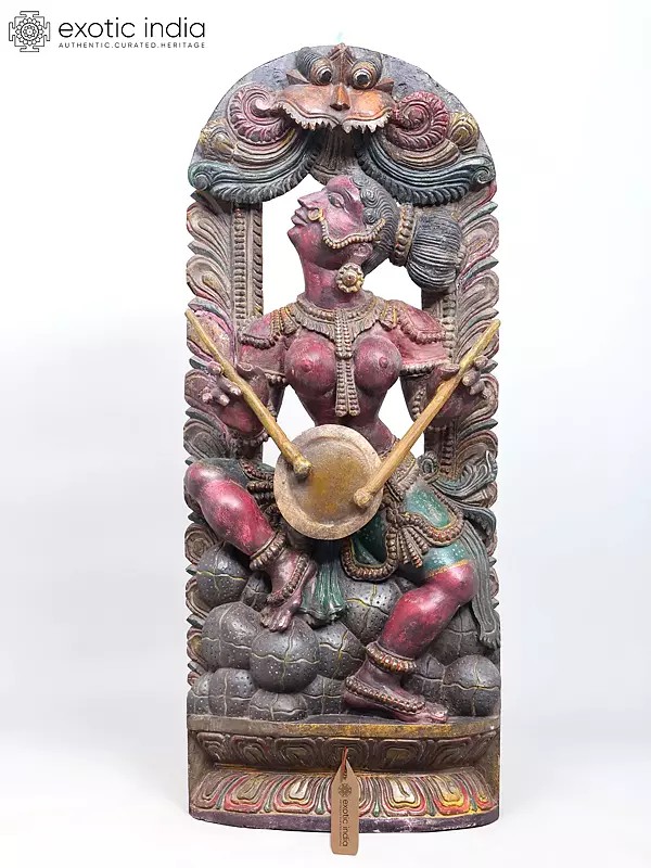 36" Large Apsara Playing Drum | Wood Carved Statue
