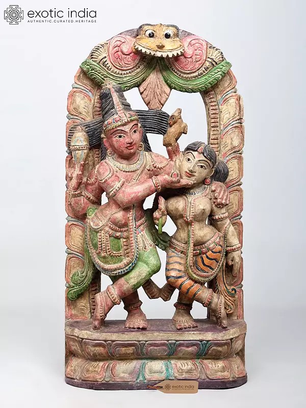28" Wooden Lord Shiva Dancing with Goddess Parvati with Kirtimukha (Ananda Tandava)