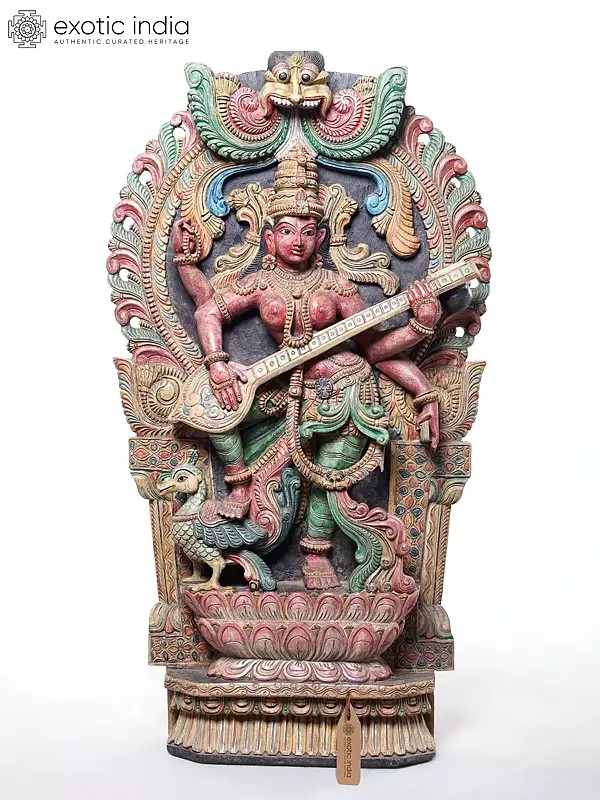 44" Large Goddess Saraswati Dancing and Playing Veena on Kirtimukha Throne | Wood Carved Statue