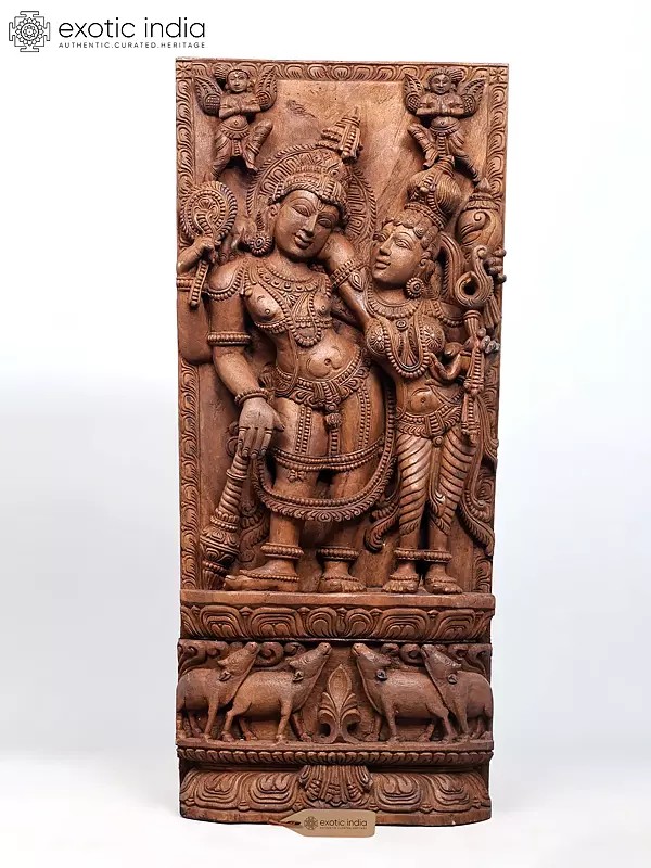 36" Large Standing Lord Vishnu with Goddess Lakshmi | Wood Carved Statue Wall Hanging and Standing Both