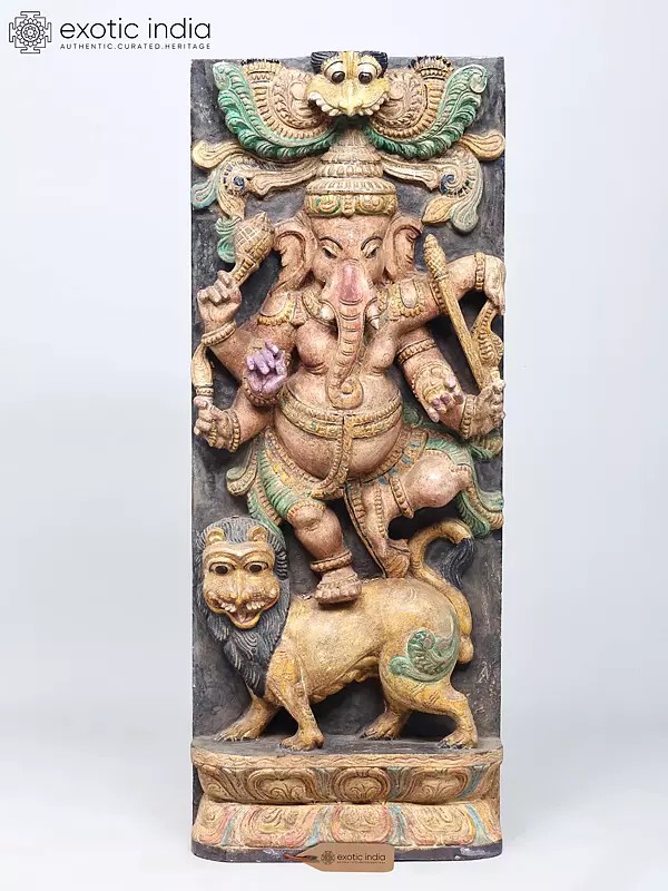 36" Large Lord Ganesha Dancing on Lion | Wood Carved Statue