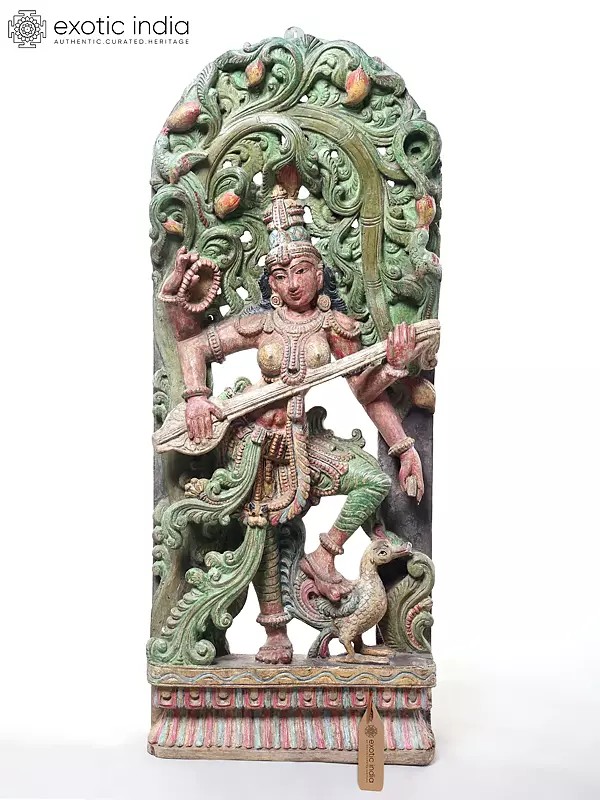 36" Large Standing Goddess Saraswati Playing Veena | Wood Carved Statue