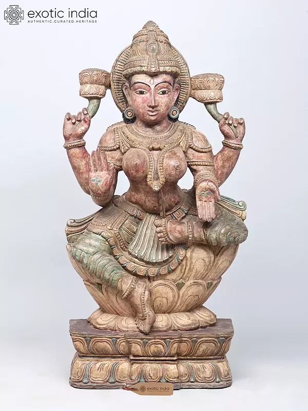 36" Large Blessing Goddess Lakshmi Seated on Lotus | Wood Carved Statue
