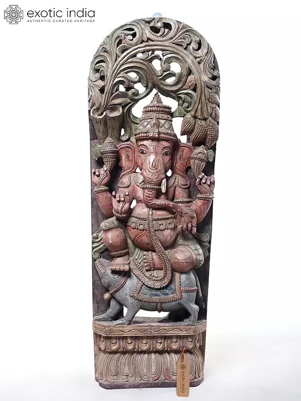36" Large Four Armed Lord Ganesha Seated on His Vahana Mushak | Wood Carved Statue