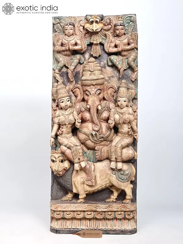 36" Large Lord Ganesha Seated on Lion with Riddhi and Siddhi | Wood Carved Statue | Standing and Wall Hanging Both