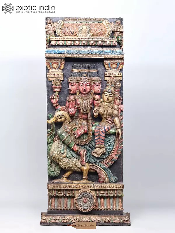 56" Large Lord Brahma with Goddess Saraswati | Wood Carved Statue | Standing and Wall Hanging Both