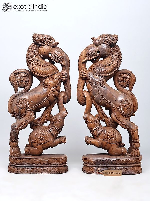 38" Large Pair of Yali with Elephant | Wood Carved Statues