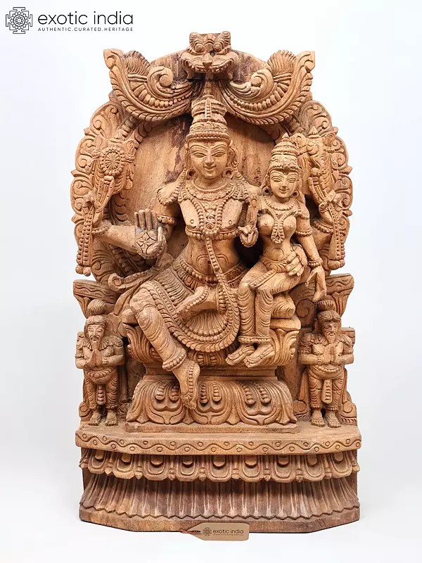 25'' Finely Carved Shiva Parvati Seated Together | Wood Carved Statue